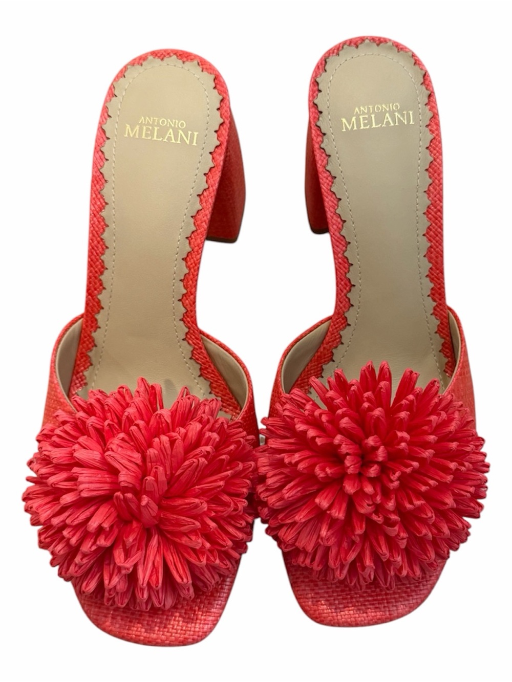 ANTONIO MELANI Coral Red Pom-Pom Slide Heels, 9.5M NWT